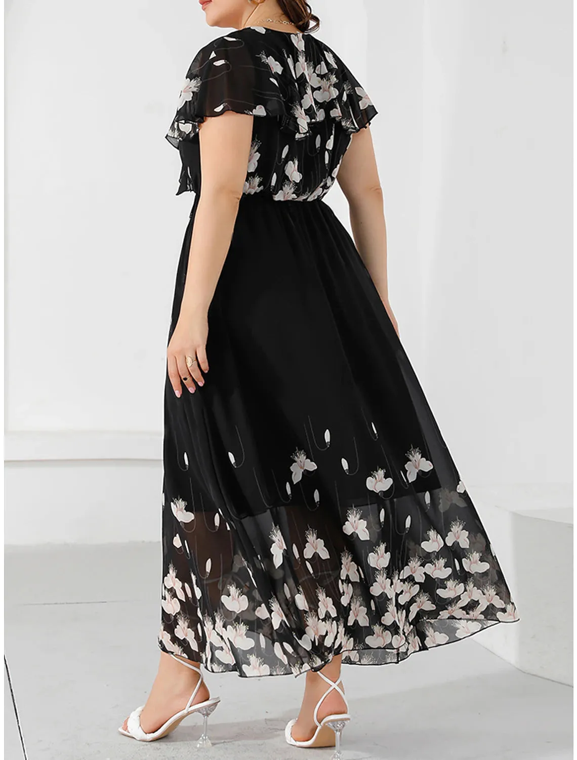 Women's Plus Size Prom Dress Party Dress Wedding Guest Dress Long Dress Maxi Dress Black Short Sleeve Floral Print Summer Spring Fall V Neck Elegant Wedding Guest Birthday Evening Party