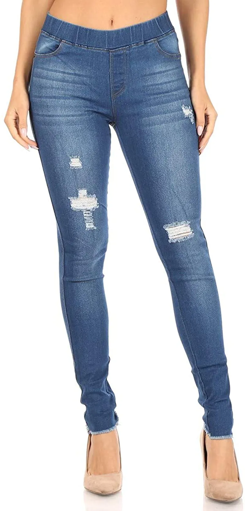 Women's Stretch Pull-On Skinny Ripped Distressed Denim Jeggings Regular-Plus Size