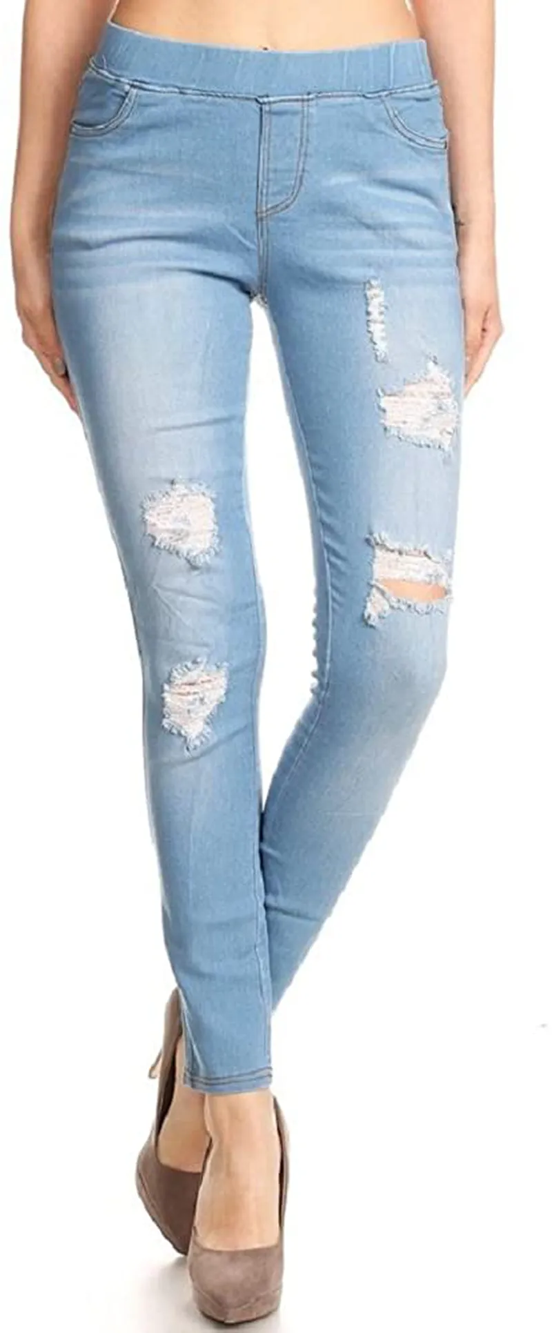 Women's Stretch Pull-On Skinny Ripped Distressed Denim Jeggings Regular-Plus Size