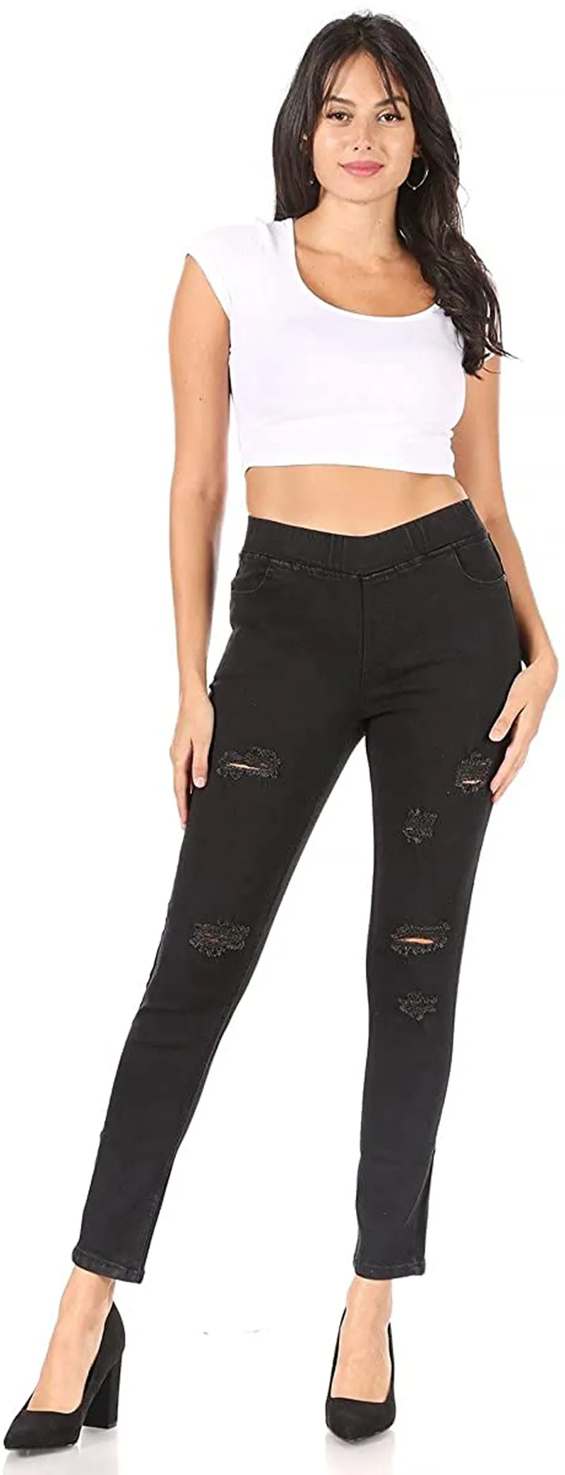 Women's Stretch Pull-On Skinny Ripped Distressed Denim Jeggings Regular-Plus Size