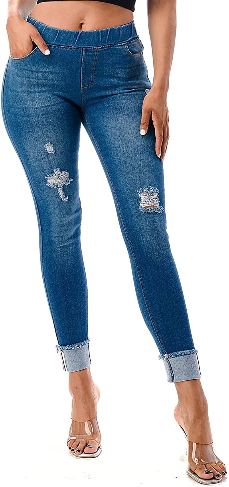 Women's Stretch Pull-On Skinny Ripped Distressed Denim Jeggings Regular-Plus Size