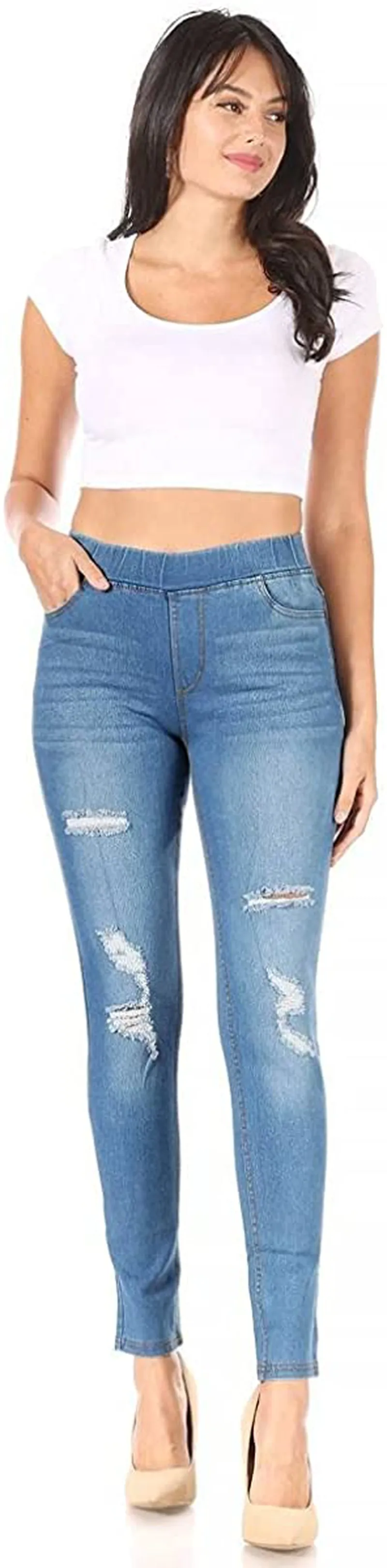 Women's Stretch Pull-On Skinny Ripped Distressed Denim Jeggings Regular-Plus Size