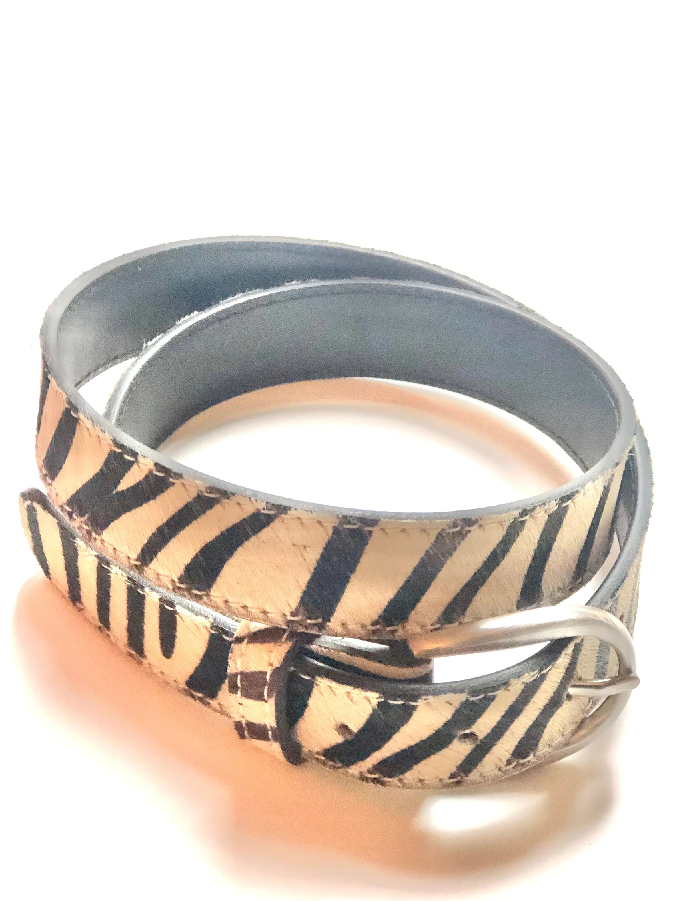 Zebra hair-on-hide leather women belt Silver buckle