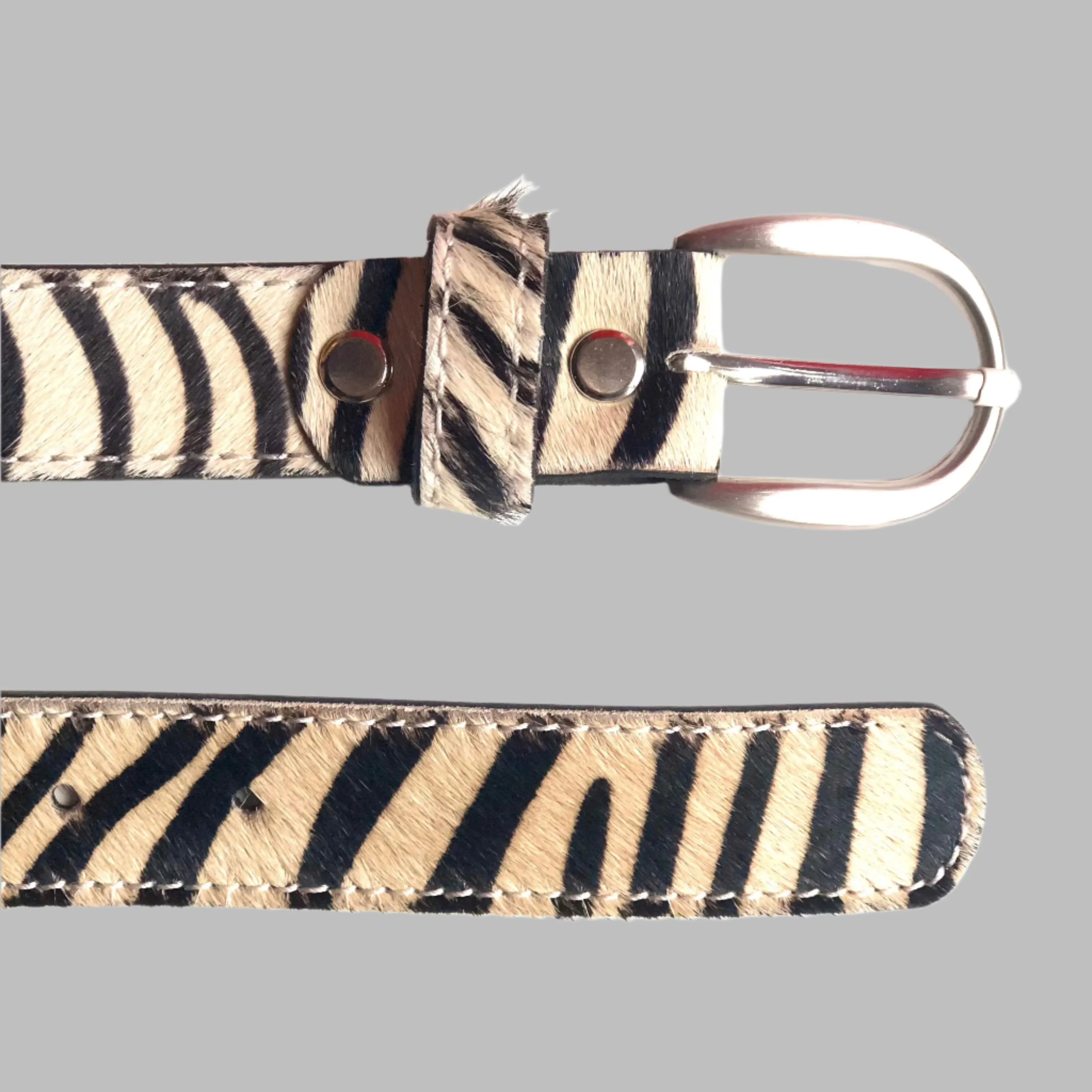 Zebra hair-on-hide leather women belt Silver buckle